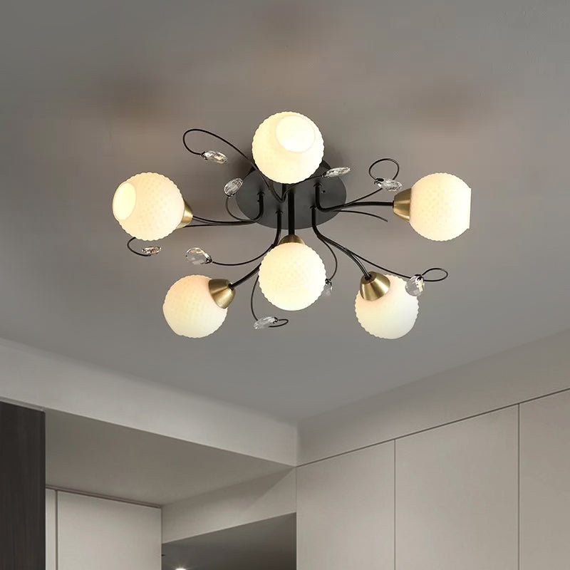 6 Heads Drawing Room Ceiling Lighting Modernism Black Semi Flush Mount with Ball Opal Lattice Glass Shade