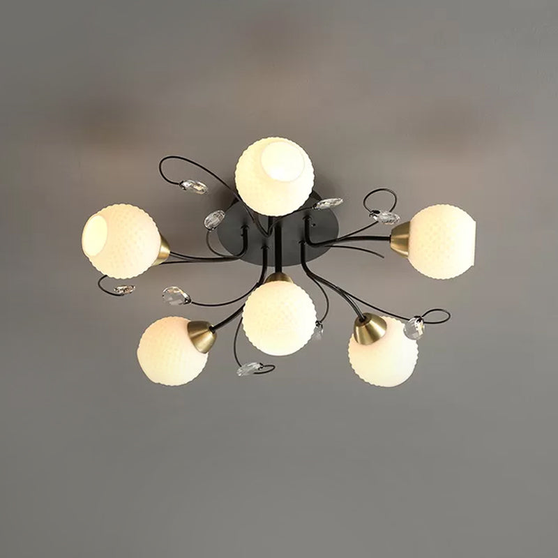 6 Heads Drawing Room Ceiling Lighting Modernism Black Semi Flush Mount with Ball Opal Lattice Glass Shade