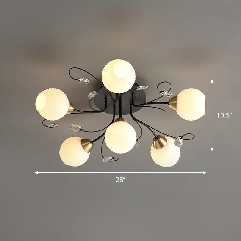 6 Heads Drawing Room Ceiling Lighting Modernism Black Semi Flush Mount with Ball Opal Lattice Glass Shade