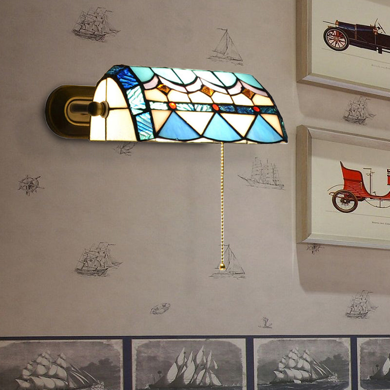 Mediterranean Banker Lamp with Pull Chain Stained Glass 1 Light Wall Sconce in Blue