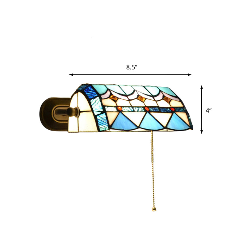 Mediterranean Banker Lamp with Pull Chain Stained Glass 1 Light Wall Sconce in Blue