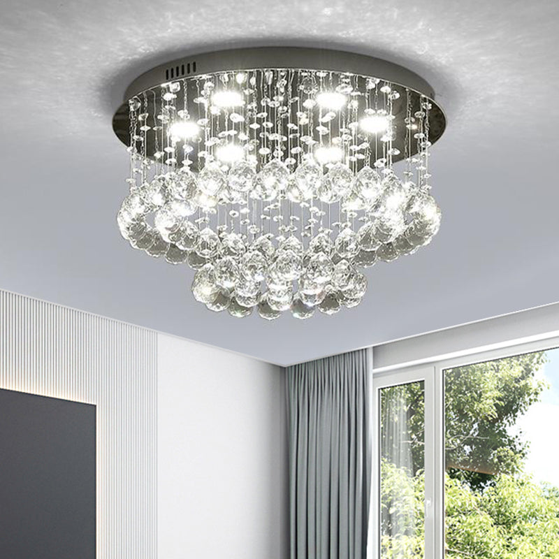 Minimalist LED Flush Lamp Nickel Circle Ceiling Mounted Light with Crystal Drip Shade, 19.5"/23.5" Wide