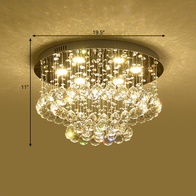 Minimalist LED Flush Lamp Nickel Circle Ceiling Mounted Light with Crystal Drip Shade, 19.5"/23.5" Wide