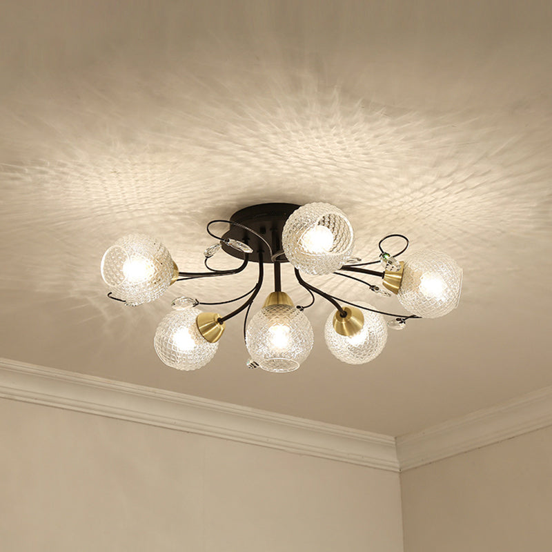 Globus Deckenmontagedise Minimalismus klares Gitterglas 6 Lampen Black/Gold Semi Flush Light