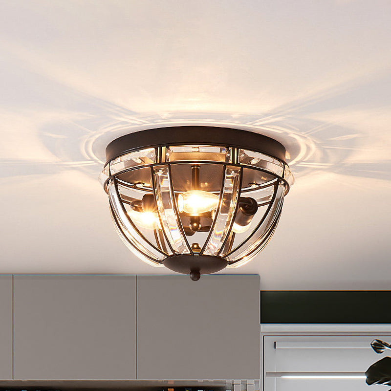 Dome Corridor Ceiling Fixture Rectangle-Cut Crystal 3 Bulbs Simplicity Flush Mount Light in Black/Gold