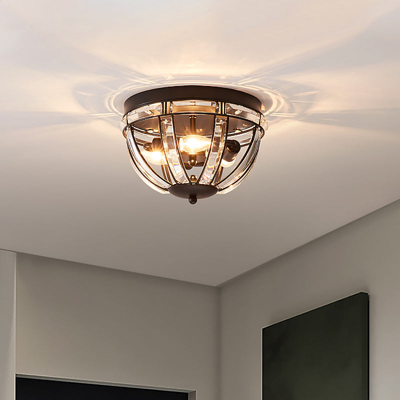 Dome Corridor Ceiling Fixture Rectangle-Cut Crystal 3 Bulbs Simplicity Flush Mount Light in Black/Gold