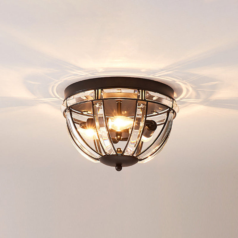 Dome Corridor Ceiling Fixture Rectangle-Cut Crystal 3 Bulbs Simplicity Flush Mount Light in Black/Gold