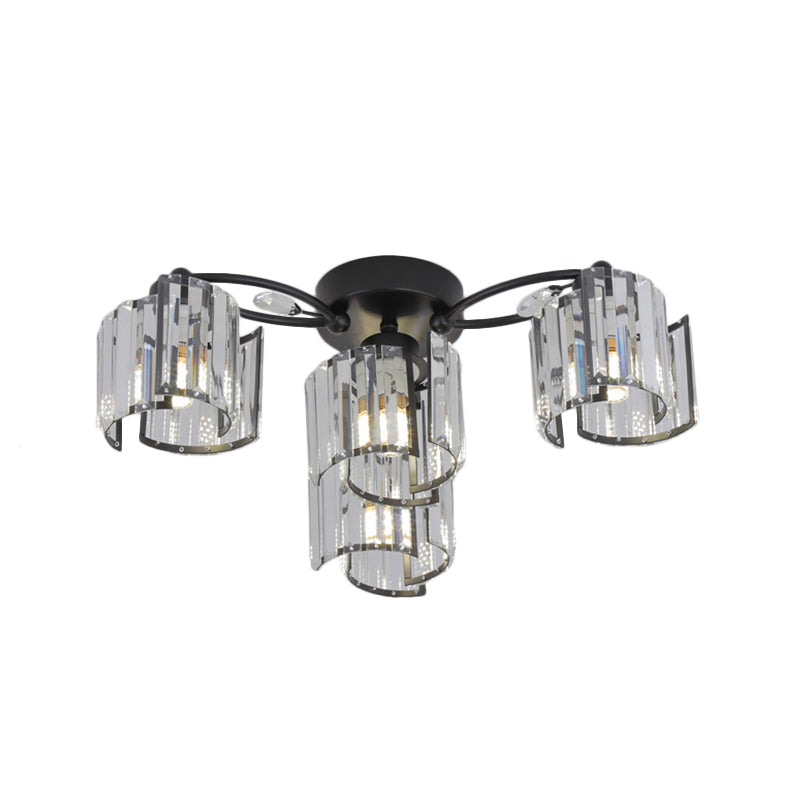 Curved Panel Semi Flush Mount Modern Crystal Rectangle 4/6 Heads Dining Room Ceiling Lighting in Black