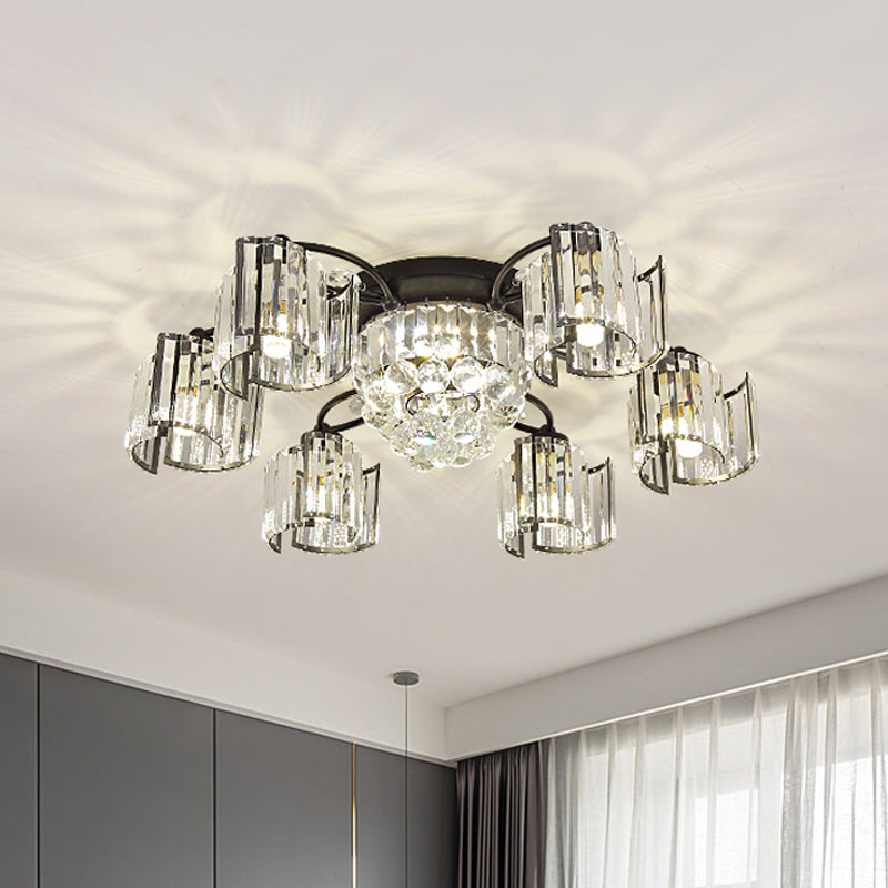 Curved Panel Semi Flush Mount Modern Crystal Rectangle 4/6 Heads Dining Room Ceiling Lighting in Black