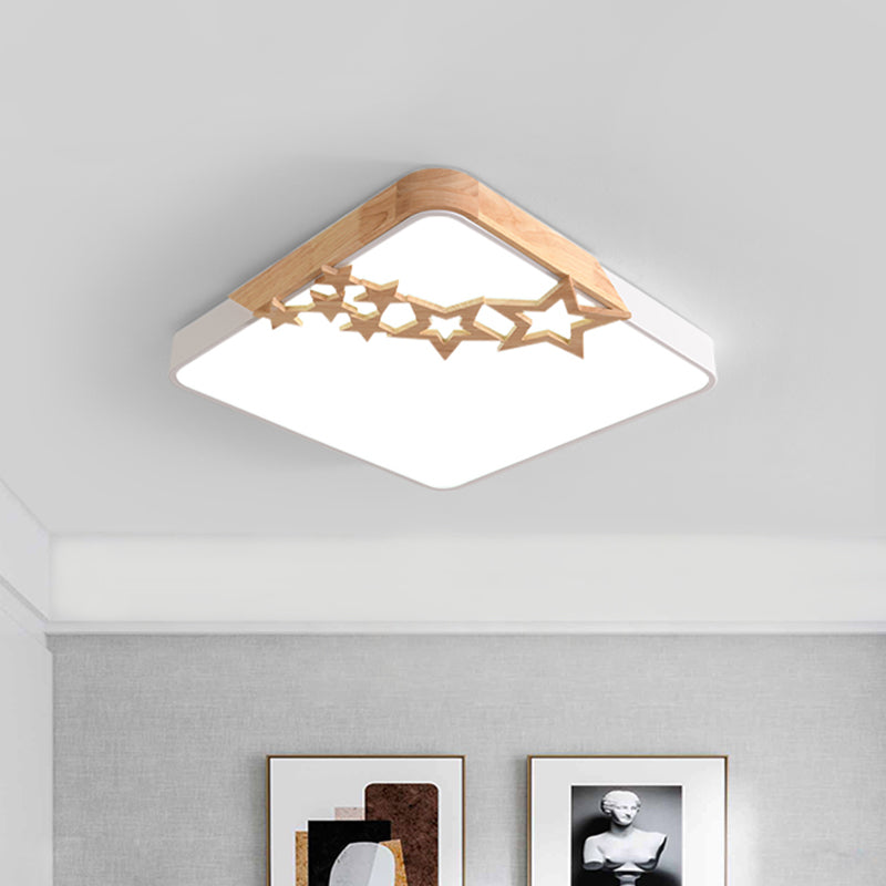 Square Acrylic Flush Mount Lamp Modern LED Grey/White Ceiling Light Fixture with Wooden Star Deco
