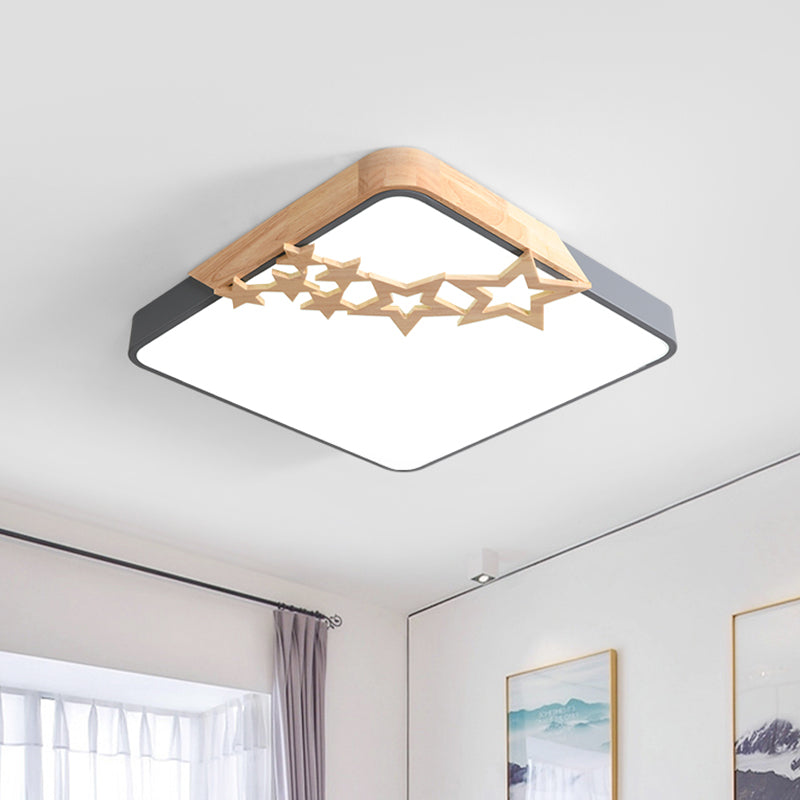 Square Acrylic Flush Mount Lamp Modern LED Grey/White Ceiling Light Fixture with Wooden Star Deco