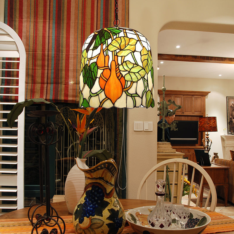 Bell Pendant Lamp 1 Head Green Cut Glass Tiffany Hanging Ceiling Light with Grape/Leaf Pattern