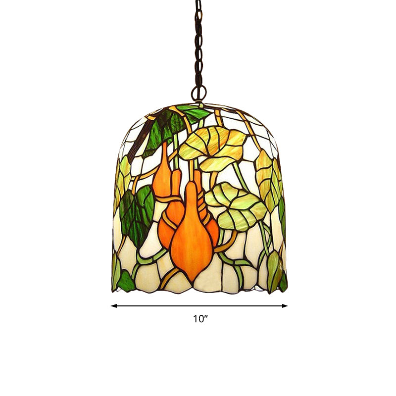 Bell Pendant Lamp 1 Head Green Cut Glass Tiffany Hanging Ceiling Light with Grape/Leaf Pattern