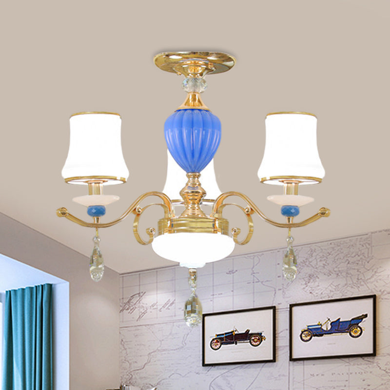 Rural Bell Semi Flush Mount Candelier Class Opal 3/6/8 Lámpara de techo de sala de estar con gotas de cristal en oro