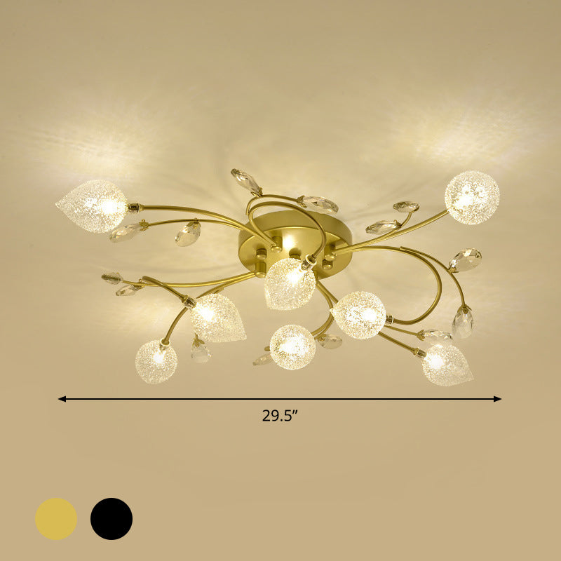 Sputnik Semi Flush Light Rustic Clear Glass 8/12-Head Bedroom Ceiling Flush Mount with Crystal Deco in Black/Gold