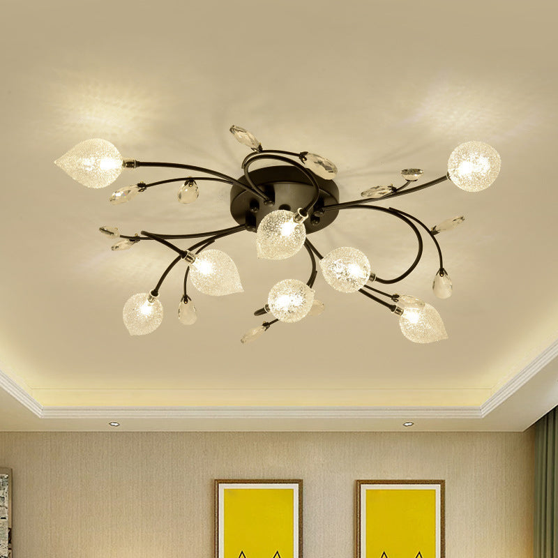 Sputnik Semi Flush Light Rustic Clear Glass 8/12-Head Bedroom Ceiling Flush Mount with Crystal Deco in Black/Gold