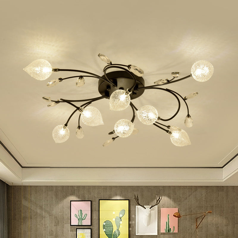 Sputnik Semi Flush Light Rustic Clear Glass 8/12-Head Bedroom Ceiling Flush Mount with Crystal Deco in Black/Gold