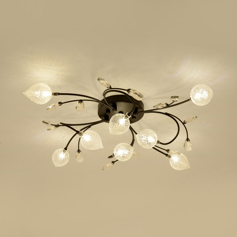 Sputnik Semi Flush Light Rustic Clear Glass 8/12-Head Bedroom Ceiling Flush Mount with Crystal Deco in Black/Gold