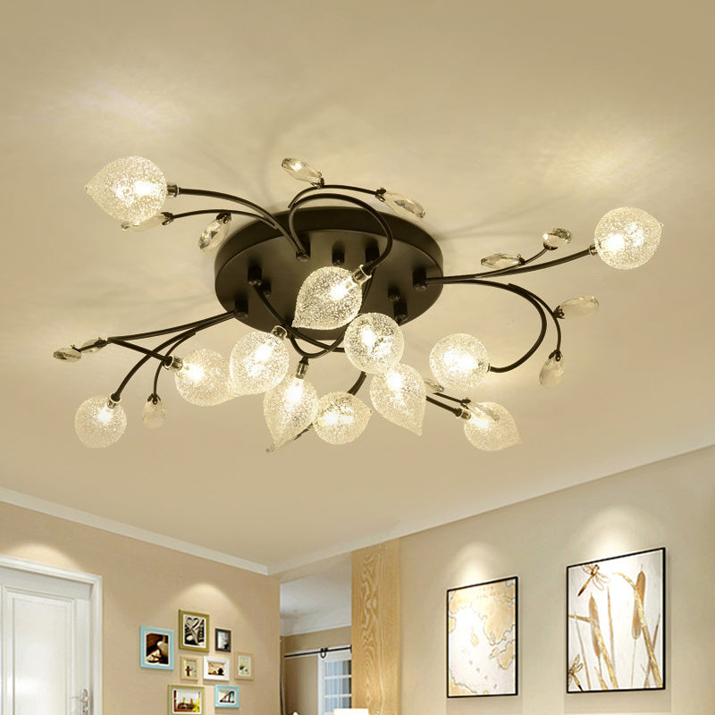 Sputnik Semi Flush Light Rustic Clear Glass 8/12-Head Bedroom Ceiling Flush Mount with Crystal Deco in Black/Gold