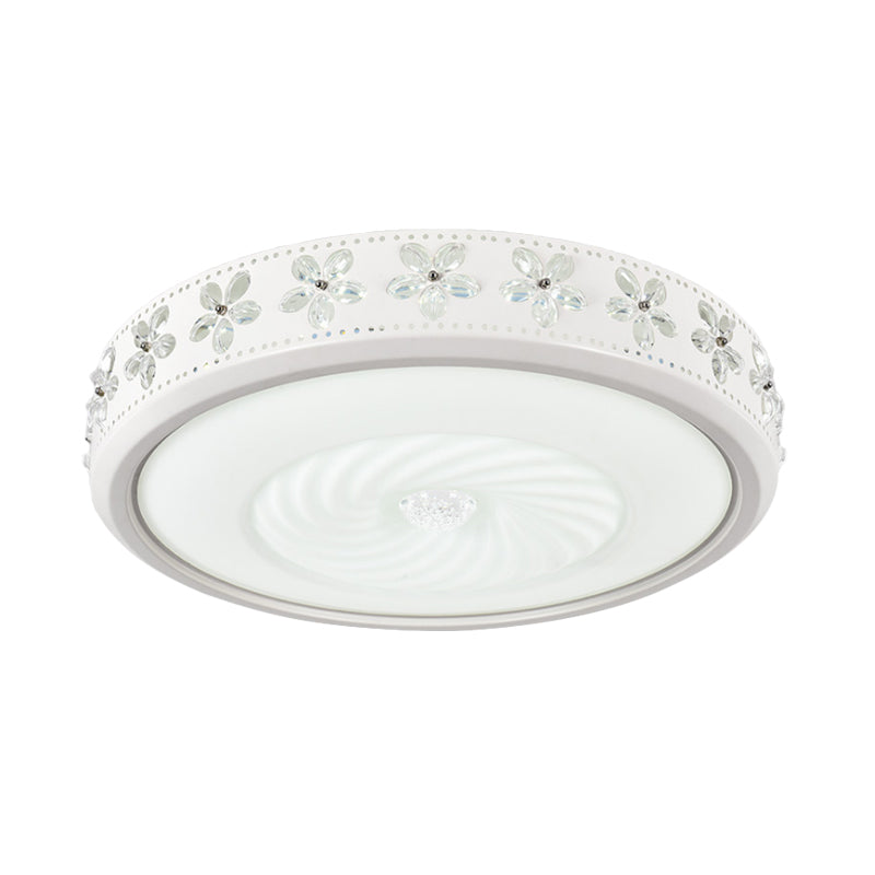Round Metal Ceiling Fixture Minimalism 20.5"/24.5" Wide LED White Flush Mount Lamp with Floral Crystal Deco in Warm/White Light