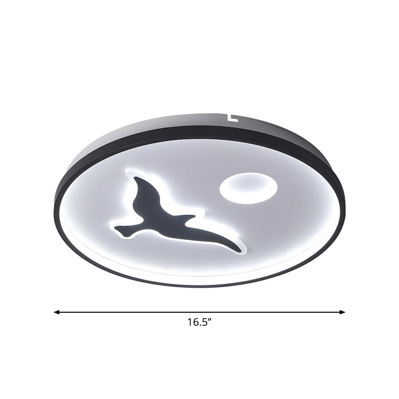 Rounded Metal Flush Light Nordic 16.5"/20.5"/24.5" Wide LED Black Flush Mount with Bird and Sun Pattern in Warm/White Light