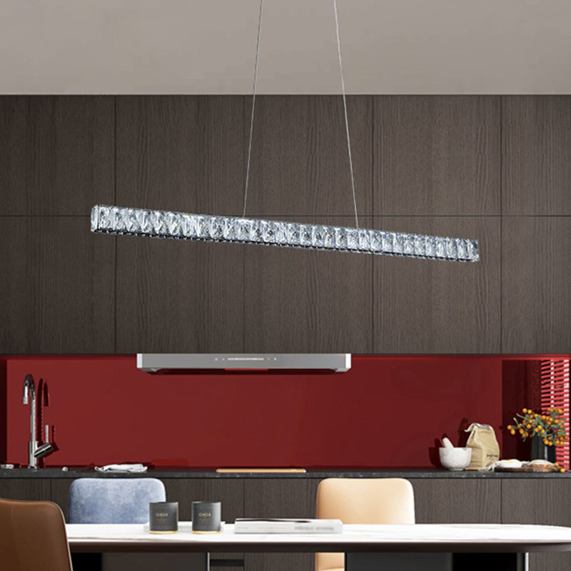 Modernist Linear Island Pendant Crystal Block Dining Room LED Suspension Lighting in Sliver