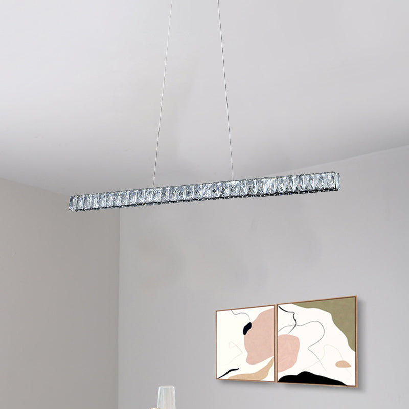 Modernist Linear Island Pendant Crystal Block Dining Room LED Suspension Lighting in Sliver