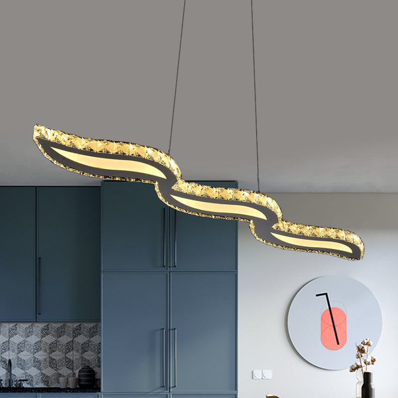 LED Restaurant Ceiling Hang Fixture Minimalist Sliver Island Light with Leaf Cut Crystal Shade