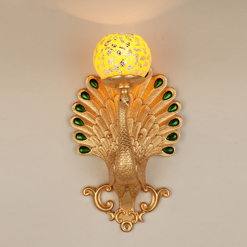 Country Bubble Wall Lighting 1 Light Crackle Glass Wall Mounted Lamp with Peacock Detail in Gold