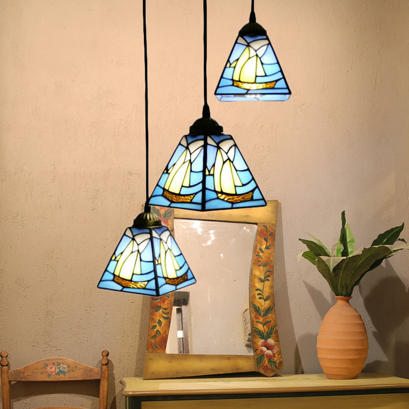 Stained Glass Conical Hanging Lamp Tiffany 3 Bulbs Blue Mini Cluster Pendant for Living Room