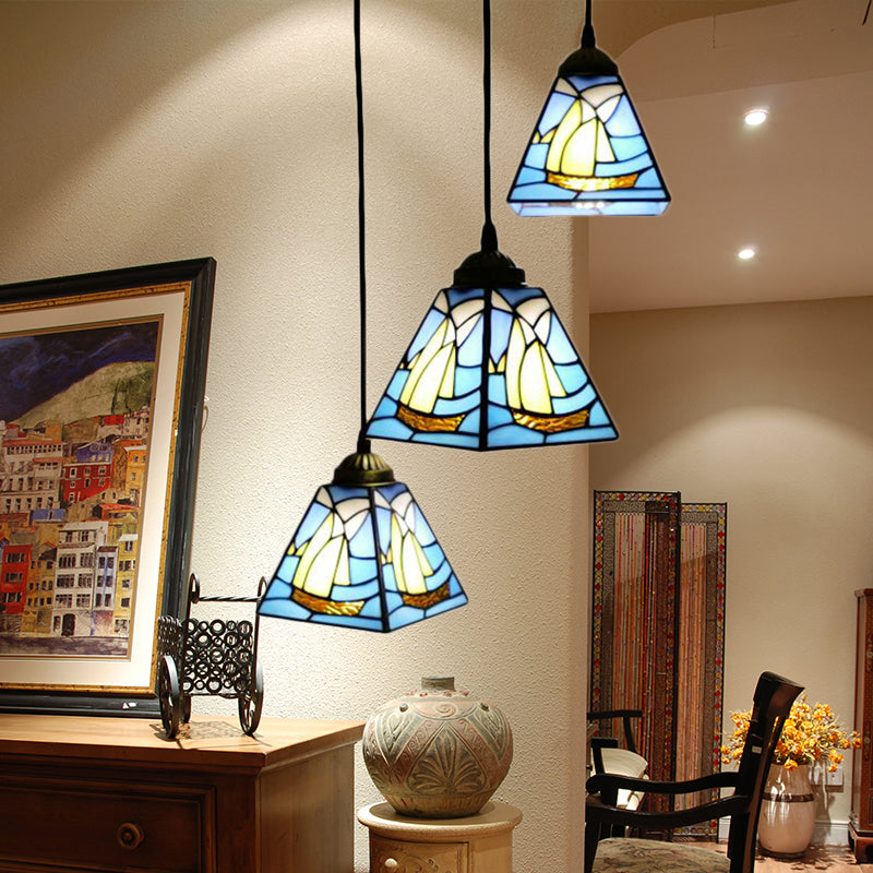 Stained Glass Conical Hanging Lamp Tiffany 3 Bulbs Blue Mini Cluster Pendant for Living Room