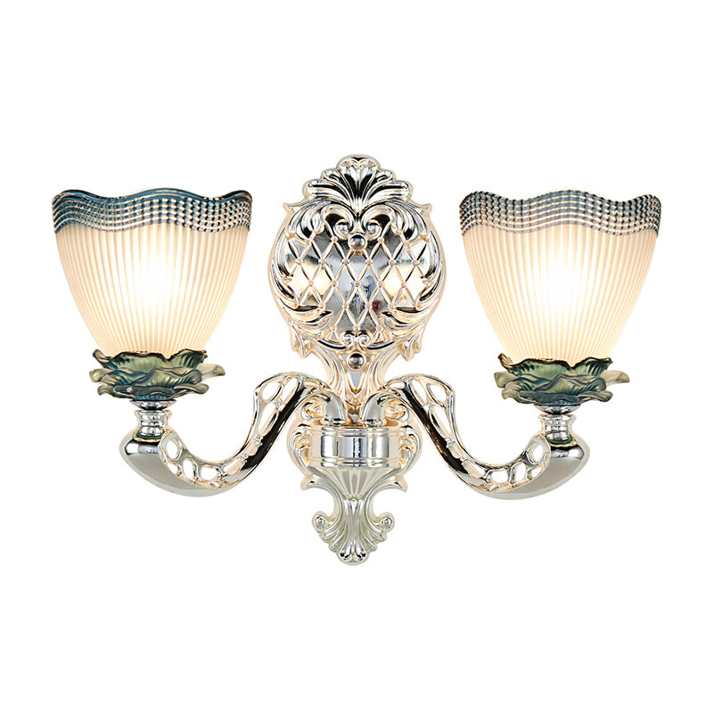 Vintage Scalloped Wall Mounted Light 2 Heads Opal Ribbed Glass Wall Lighting Idea in Silver