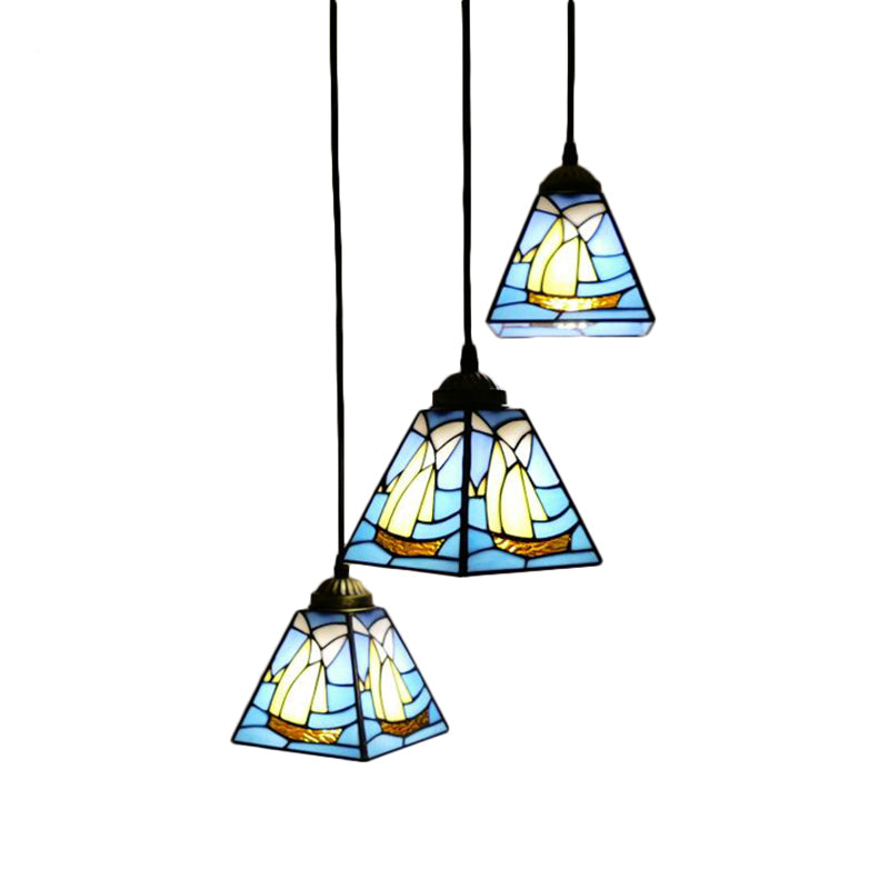 Stained Glass Conical Hanging Lamp Tiffany 3 Bulbs Blue Mini Cluster Pendant for Living Room