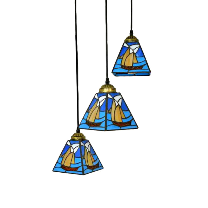 Stained Glass Conical Hanging Lamp Tiffany 3 Bulbs Blue Mini Cluster Pendant for Living Room