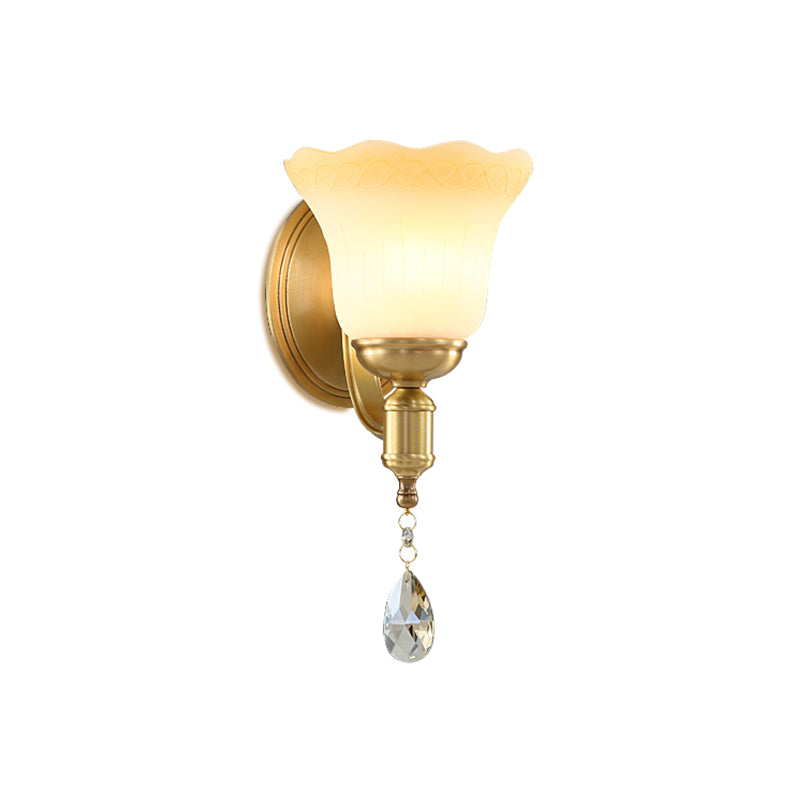 Blossom Opaque Glass Wall Lamp Retro Style 1/2-Head Gold Wall Lighting Ideas with Crystal Drop