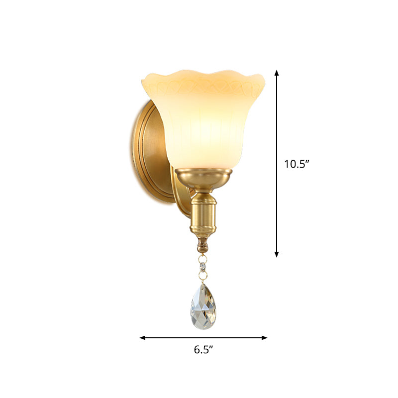 Blossom Opaque Glass Wall Lamp Retro Style 1/2-Head Gold Wall Lighting Ideas with Crystal Drop