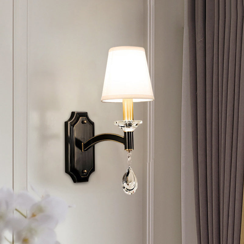 Cut Crystal Teardrop Wall Mount Light Vintage 1/2-Bulb Brown Wall Lamp Fixture with Conic Fabric Shade
