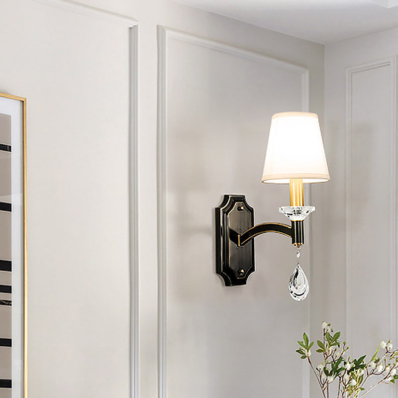 Cut Crystal Teardrop Wall Mount Light Vintage 1/2-Bulb Brown Wall Lamp Fixture with Conic Fabric Shade