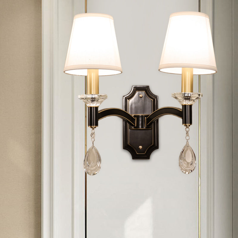 Cut Crystal Teardrop Wall Mount Light Vintage 1/2-Bulb Brown Wall Lamp Fixture with Conic Fabric Shade