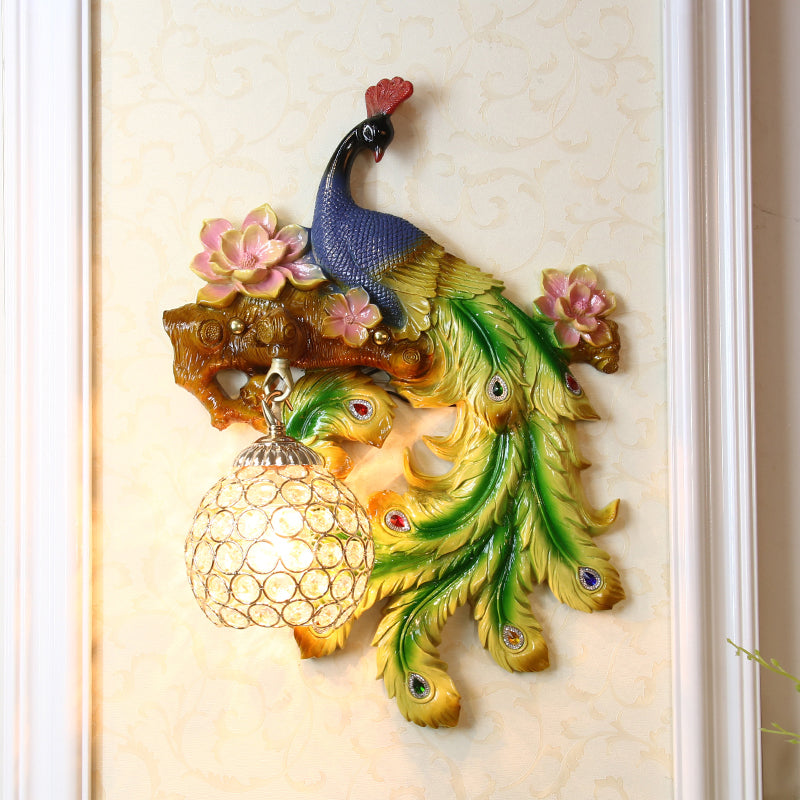 Peacock and Flower Bedroom Sconce Traditional Resin Single Head Blue-Green Wall Lighting Fixture with Orb Hand-Cut Crystal Shade, Left/Right