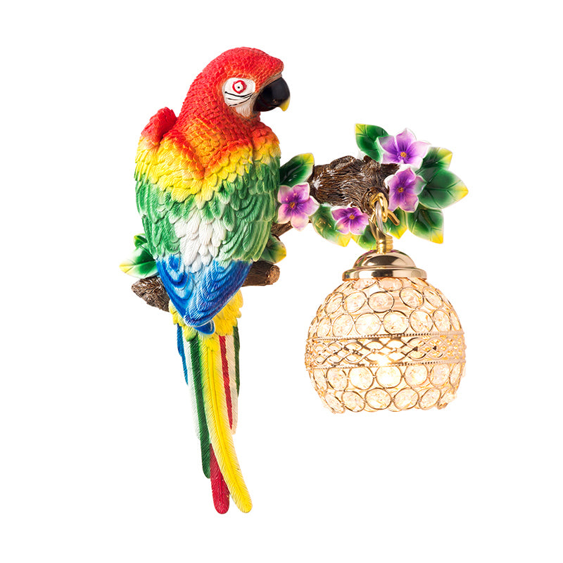 Resin Parrot Wall Sconce Antiqued Single Light Drawing Room Floral Wall Lighting Idea with Ball K9 Crystal Shade in Blue/Red
