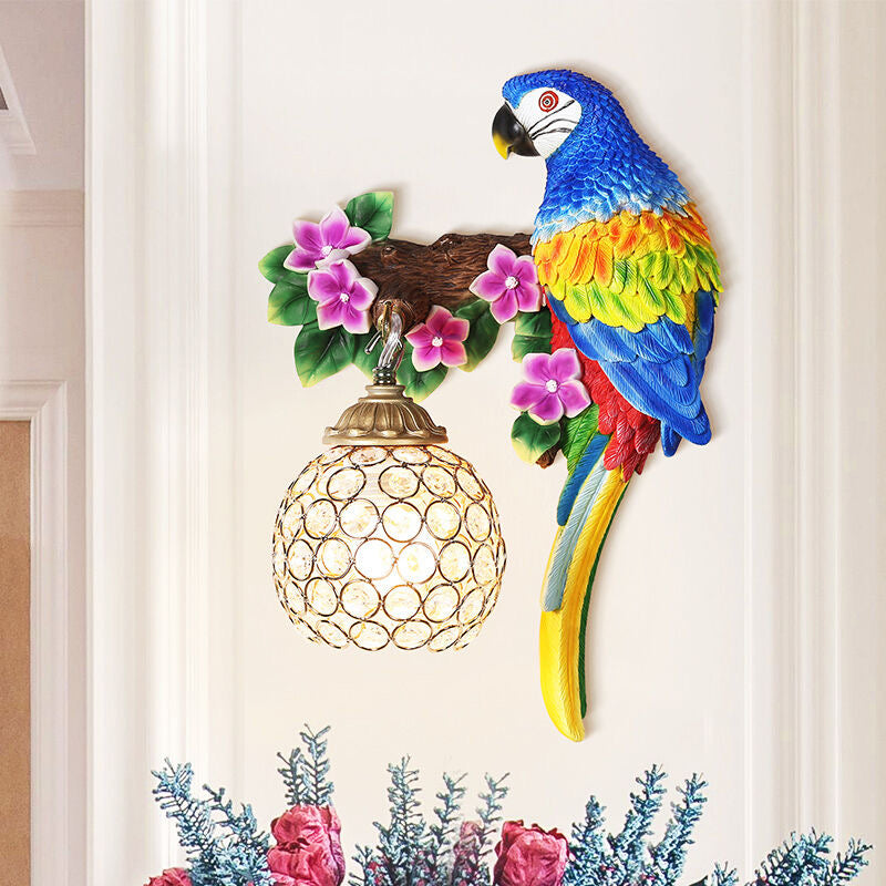 Resin Parrot Wall Sconce Antiqued Single Light Drawing Room Floral Wall Lighting Idea with Ball K9 Crystal Shade in Blue/Red