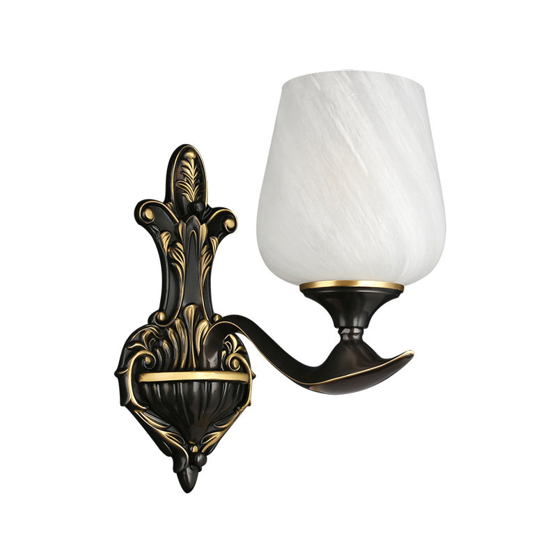 Milky Glass Cup-Like Wall Lamp Traditional 1/2-Light Bedside Wall Lighting Fixture in Black and Gold