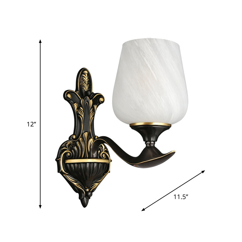 Milky Glass Cup-Like Wall Lamp Traditional 1/2-Light Bedside Wall Lighting Fixture in Black and Gold