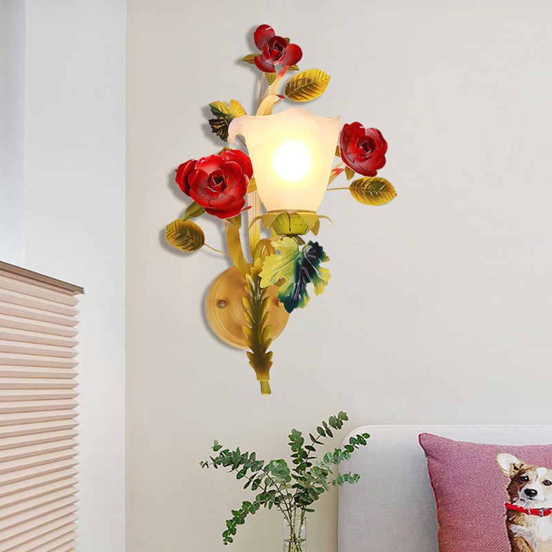 Yellow 1/2 Heads Sconce Lighting Country Milky Glass Blossom Wall Mount Lamp with Rose Decor