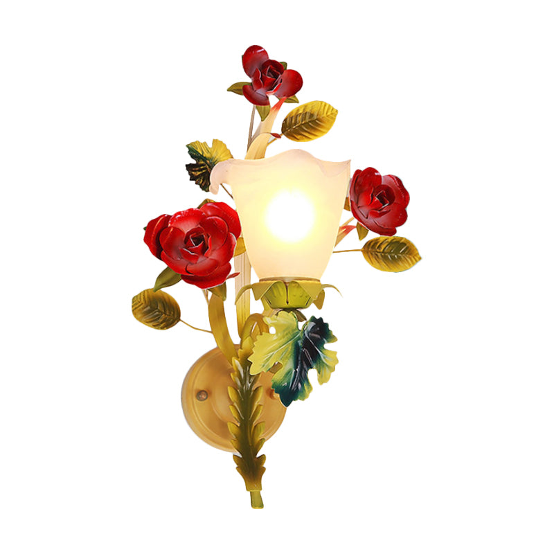 Yellow 1/2 Heads Sconce Lighting Country Milky Glass Blossom Wall Mount Lamp with Rose Decor