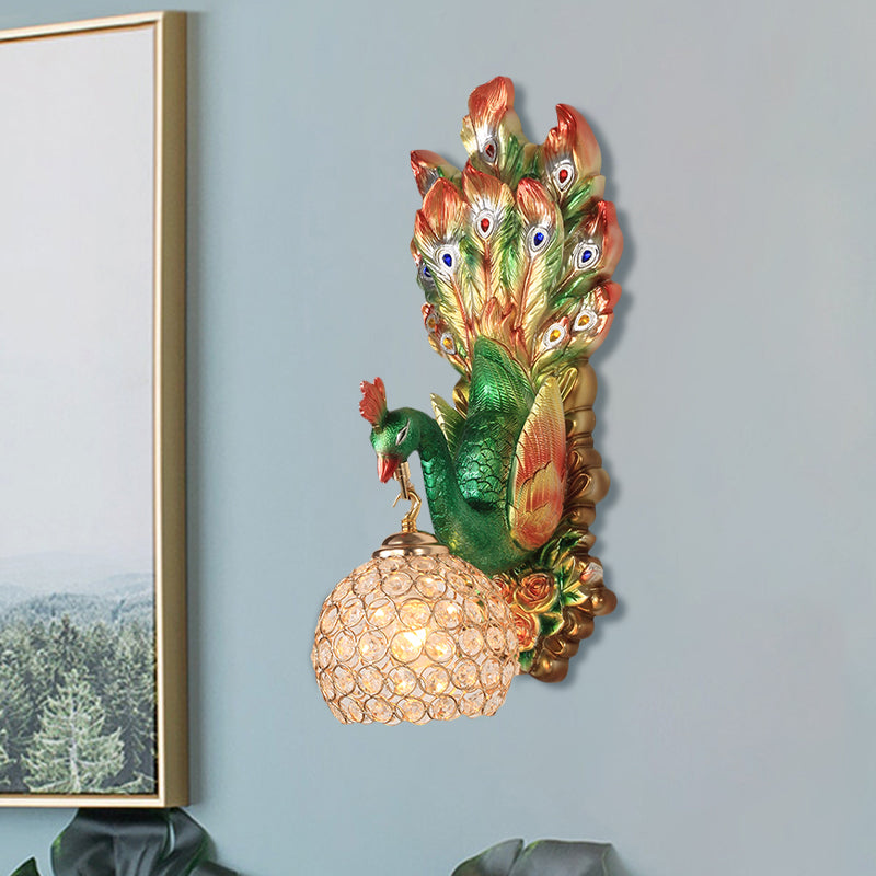 Spherical Bedroom Wall Sconce Farmhouse Clear Faceted Crystal 1 Light Blue/Green/Gold Wall Mounted Lighting with Peacock Design