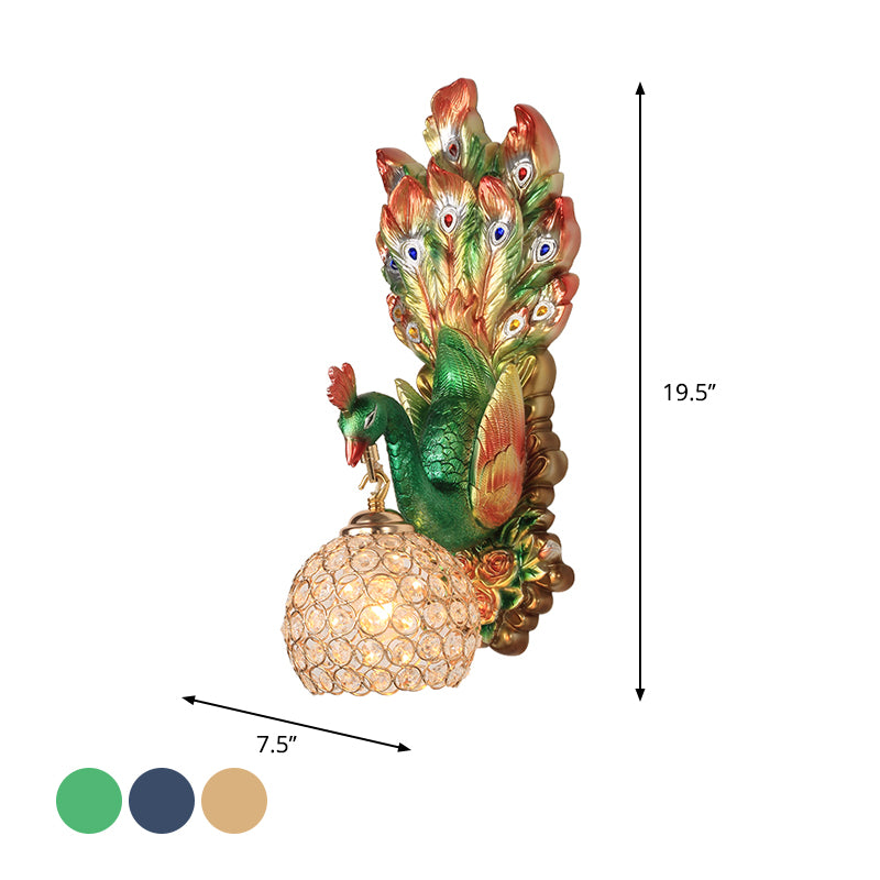 Spherical Bedroom Wall Sconce Farmhouse Clear Faceted Crystal 1 Light Blue/Green/Gold Wall Mounted Lighting with Peacock Design