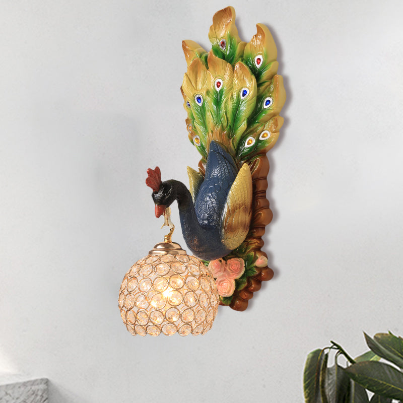 Spherical Bedroom Wall Sconce Farmhouse Clear Faceted Crystal 1 Light Blue/Green/Gold Wall Mounted Lighting with Peacock Design