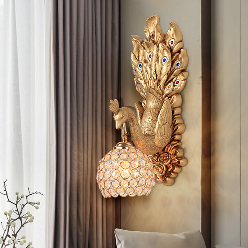 Spherical Bedroom Wall Sconce Farmhouse Clear Faceted Crystal 1 Light Blue/Green/Gold Wall Mounted Lighting with Peacock Design
